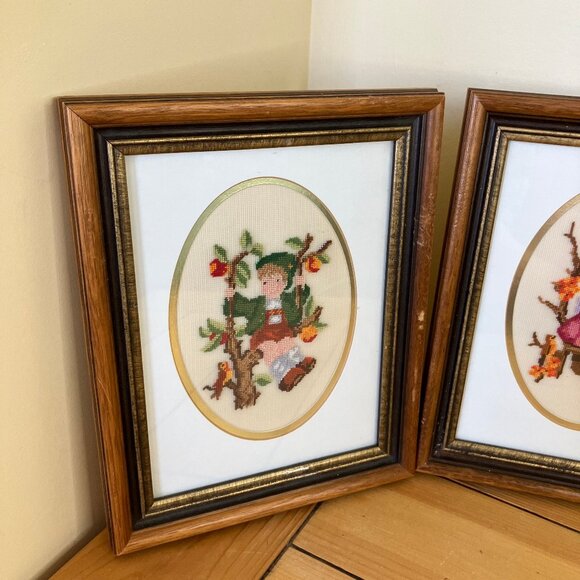 Hummel Children Petit Point Completed Vintage Boy & Girl Framed Hand Embroidery - Picture 2 of 8